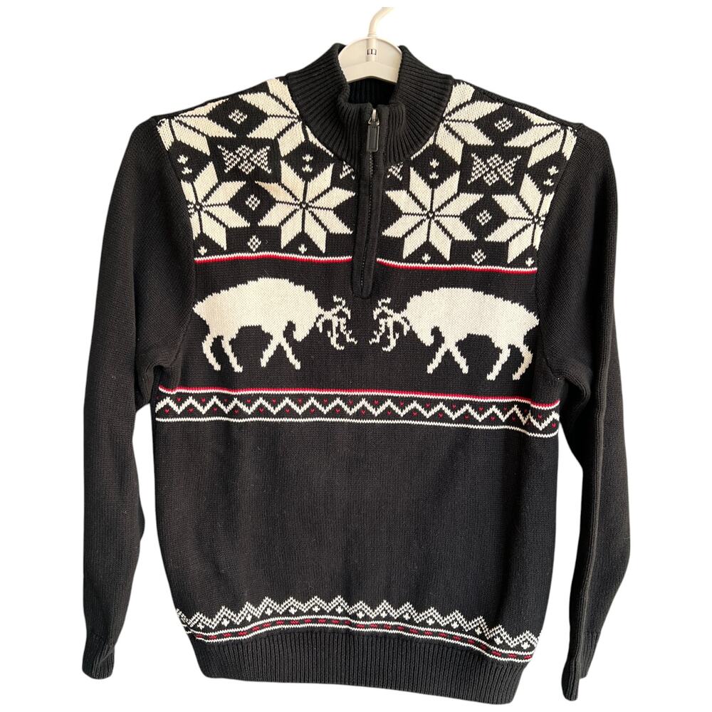 CHAPS Sweater Men's Med Black Red Sweater Fair Isle 1/4 Zip Nordic Alps Pullover